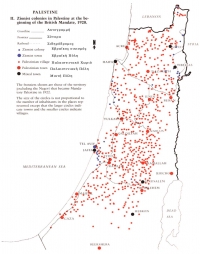 Παλαιστινιακές πόλεις, χωριά και εβραϊκοί εποικισμοί στην Παλαιστίνη κατά την έναρξη της Βρετανικής Εντολής το 1920.